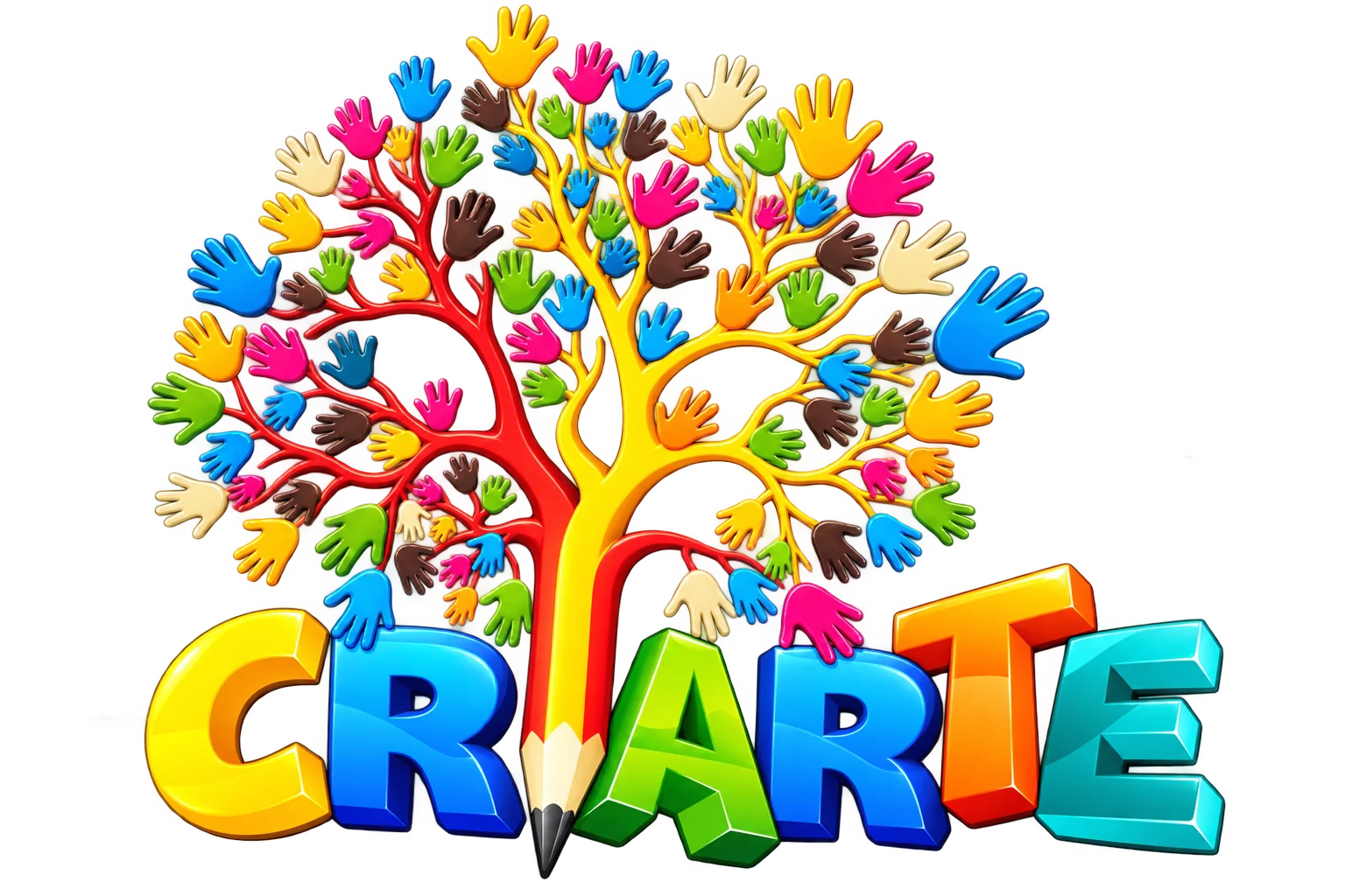 Logotipo da Criarte: uma árvore feita de mãos coloridas